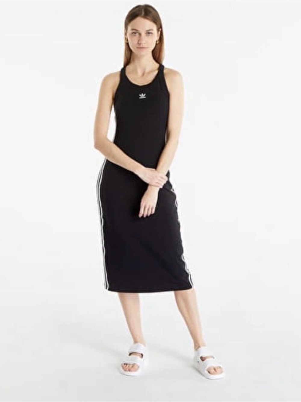 Adidas Long Tank Dress Black Sleeveless Midi Stripes Sportswear